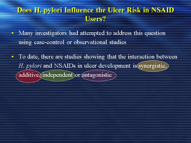 Does H. pylori Influence the Ulcer Risk in NSAID Users? Many investigators had attempted